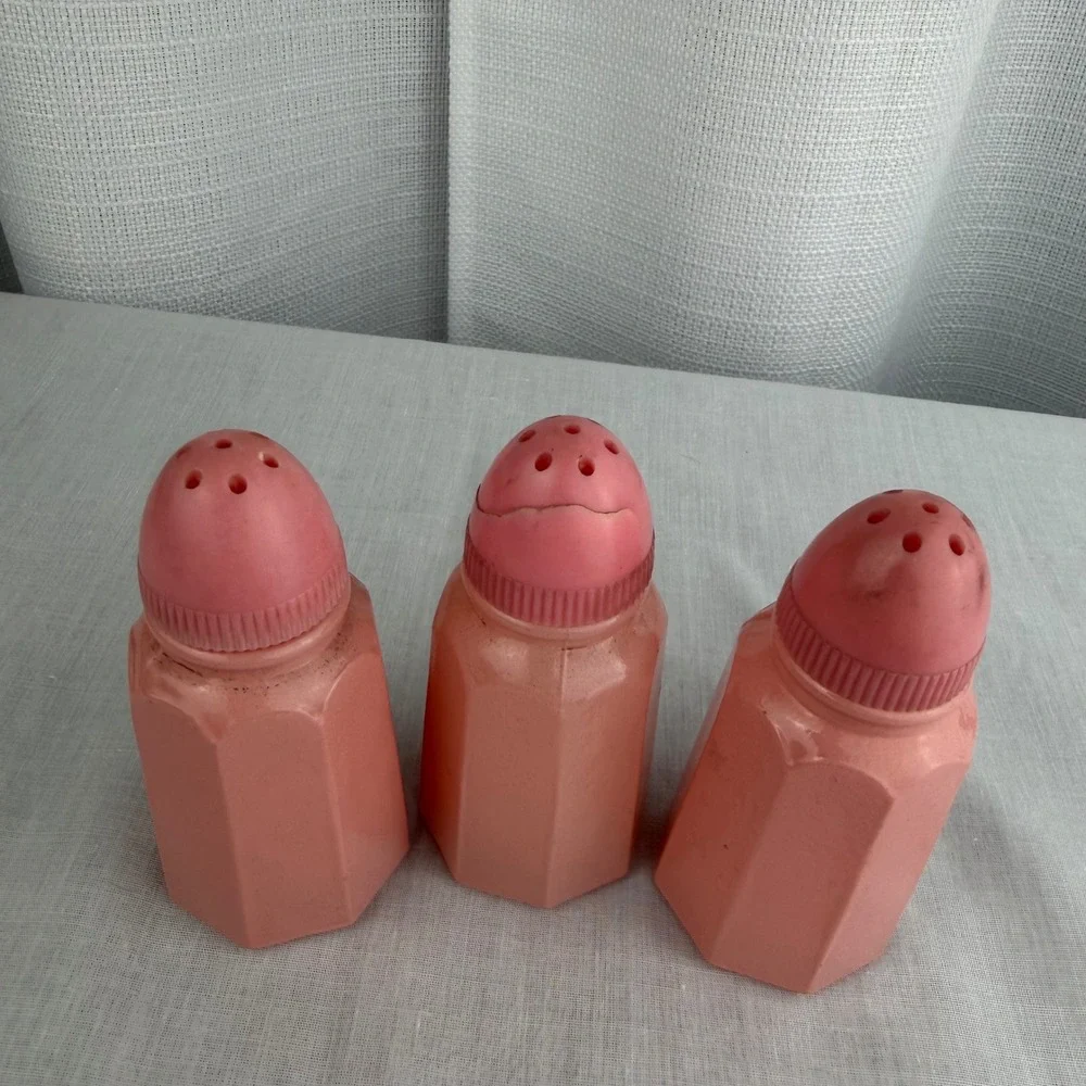 Vintage Pink Plastic Salt and Pepper Shakers Set of 3 Octagonal Retro Kitchen